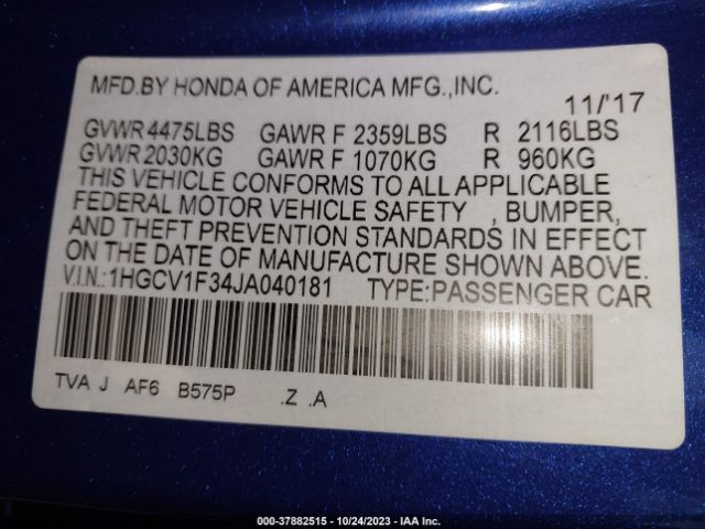 1HGCV1F34JA040181 Honda Accord Sedan Sport 1.5t