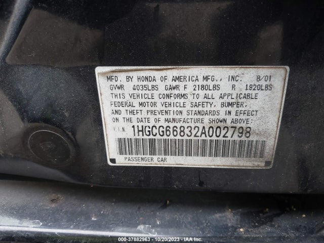 2002 HONDA ACCORD SDN EX W/LEATHER/SE/EX VIN: 1HGCG66832A002798