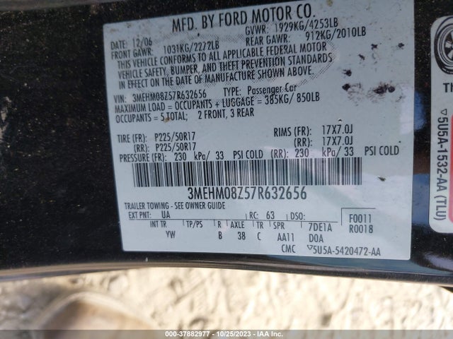 2007 MERCURY MILAN I4 PREMIER VIN: 3MEHM08Z57R632656