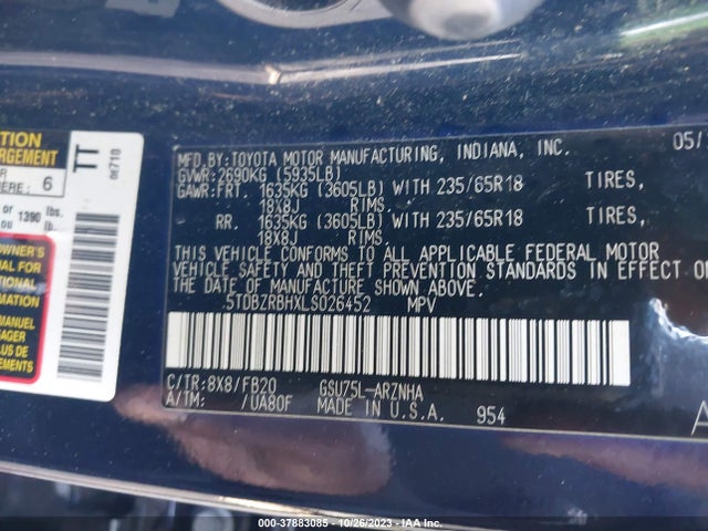 2020 TOYOTA HIGHLANDER LE/L VIN: 5TDBZRBHXLS026452