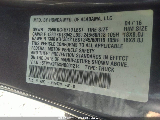 Honda Ridgeline Rtl-t 2017 5FPYK2F6XHB001214 Image 8