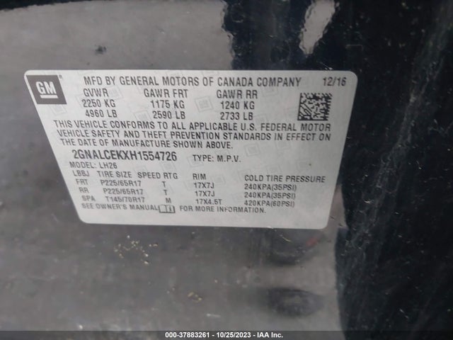 2017 CHEVROLET EQUINOX LT VIN: 2GNALCEKXH1554726