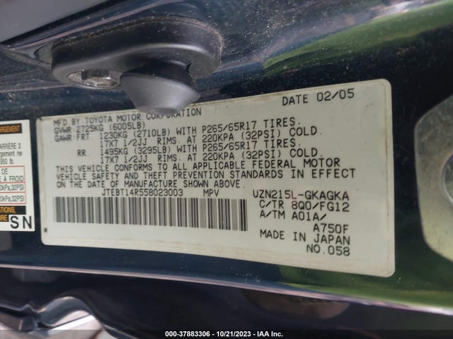 2005 TOYOTA 4RUNNER SR5 V8 VIN: JTEBT14R558023003