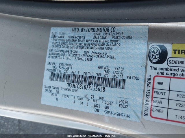 2007 FORD FUSION SEL VIN: 3FAHP08107R155658