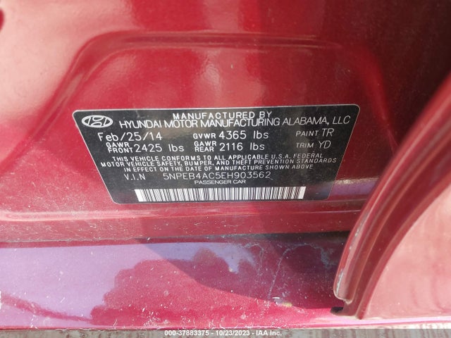 2014 HYUNDAI SONATA GLS VIN: 5NPEB4AC5EH903562