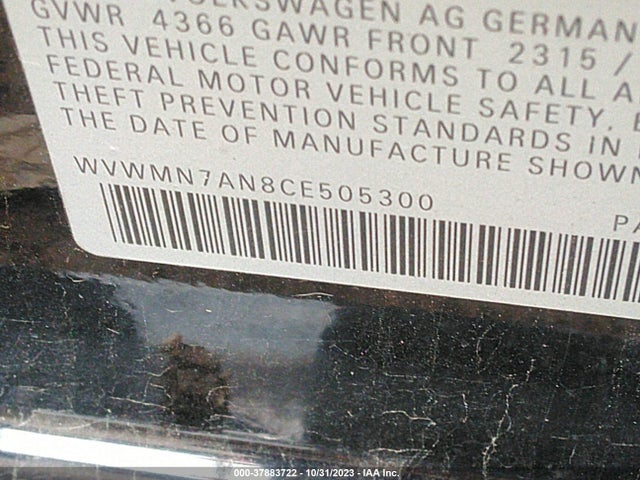 2012 VOLKSWAGEN CC SPORT VIN: WVWMN7AN8CE505300