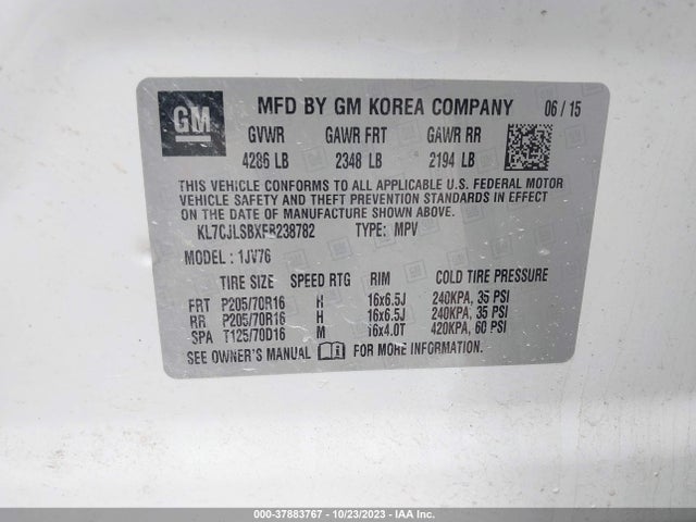 Chevrolet Trax Lt 2015 KL7CJLSBXFB238782 Image 9