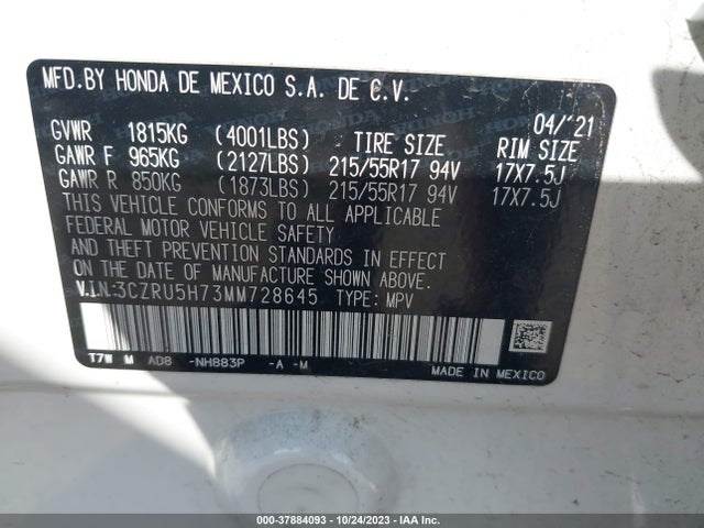 2021 HONDA HR-V EX-L VIN: 3CZRU5H73MM728645