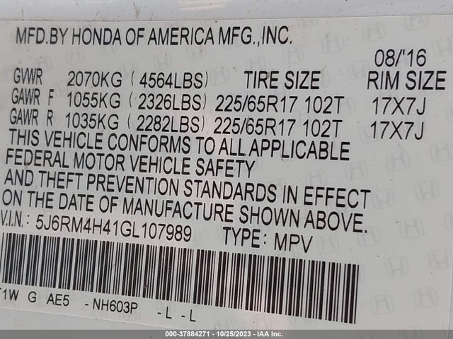 2016 HONDA CR-V SE VIN: 5J6RM4H41GL107989