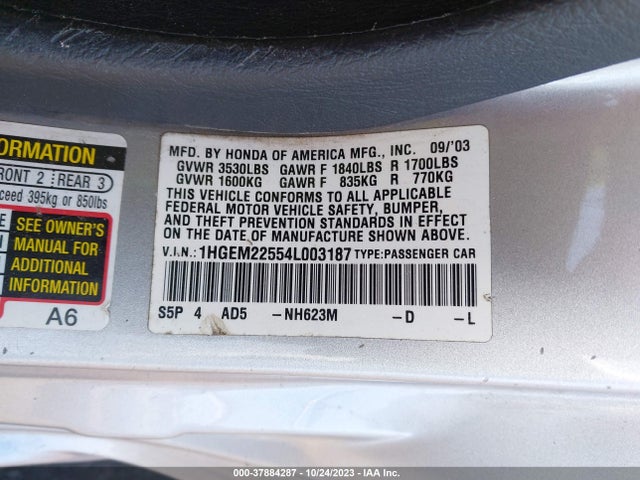 2004 HONDA CIVIC LX VIN: 1HGEM22554L003187