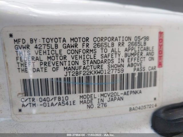 1998 TOYOTA CAMRY LE/XLE/CE VIN: JT2BF22KXW0127759