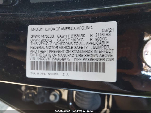 2021 HONDA ACCORD SPORT VIN: 1HGCV1F35MA049475