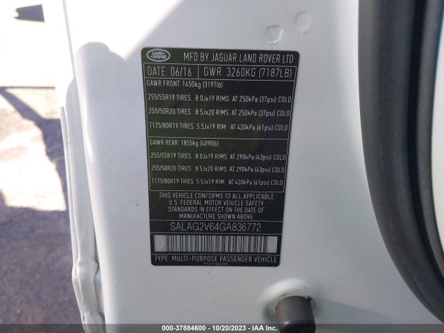 2016 LAND ROVER LR4 VIN: SALAG2V64GA836772