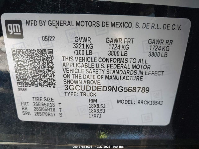2022 CHEVROLET SILVERADO 1500 4WD STANDARD BED LT VIN: 3GCUDDED9NG568789
