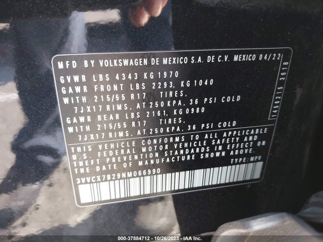 2022 VOLKSWAGEN TAOS 1.5T S VIN: 3VVCX7B29NM066990