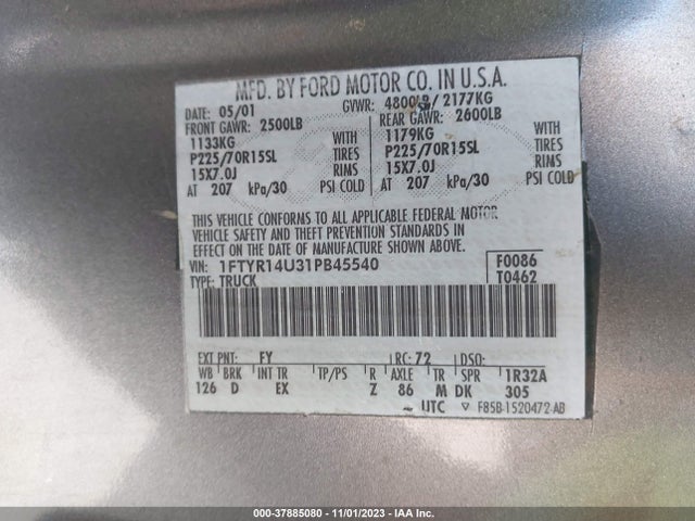 2001 FORD RANGER XL/XLT VIN: 1FTYR14U31PB45540