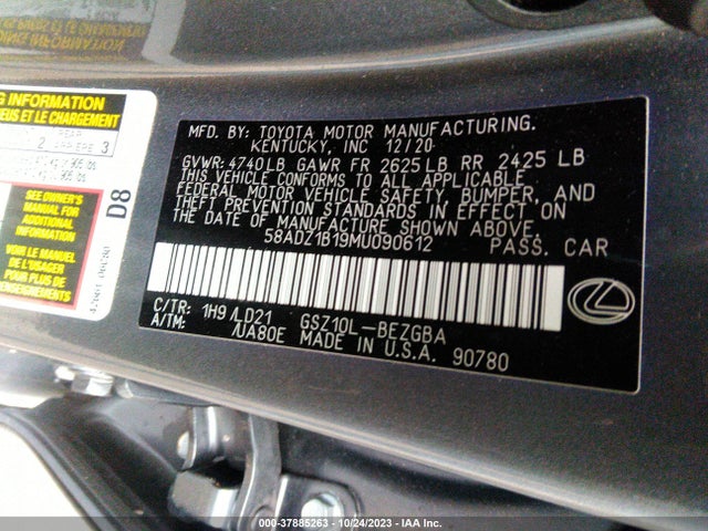 2021 LEXUS ES 350 VIN: 58ADZ1B19MU090612