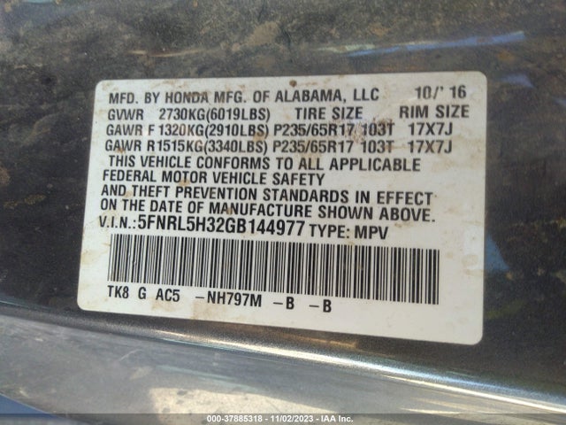 Honda ODYSSEY SE 2016 5FNRL5H32GB144977 Image 9