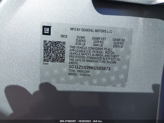2019 CHEVROLET IMPALA LT VIN: 1G11Z5S39KU103873