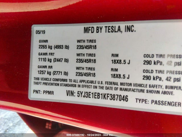 Tesla Model 3 Long Range 2019 5YJ3E1EB1KF387046 Image 9