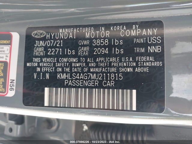 2021 HYUNDAI ELANTRA SEL VIN: KMHLS4AG7MU211815
