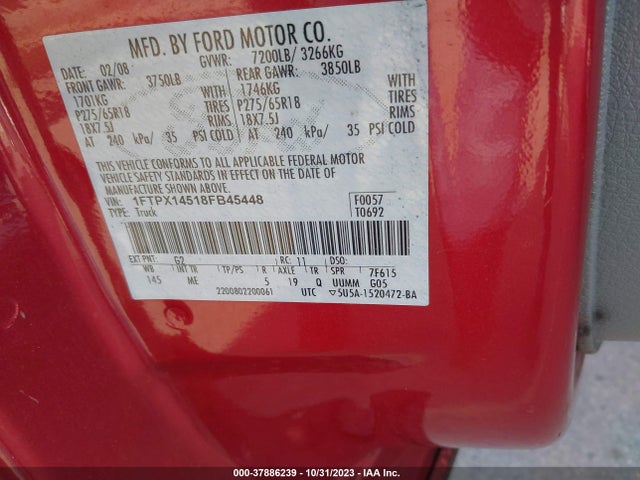 2008 FORD F-150 XLT/FX4/LARIAT/XL VIN: 1FTPX14518FB45448