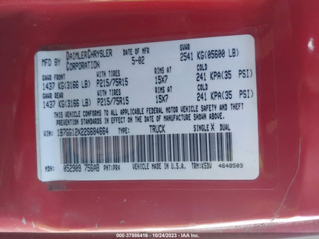 2002 DODGE DAKOTA BASE VIN: 1B7GG12X22S684664