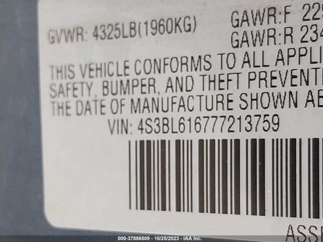 2007 SUBARU LEGACY SEDAN VIN: 4S3BL616777213759