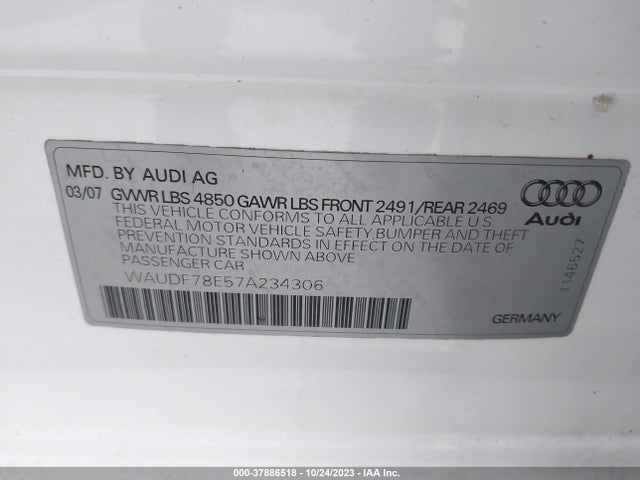 2007 AUDI A4 2.0T VIN: WAUDF78E57A234306
