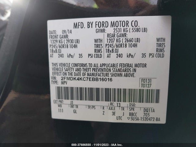 2014 FORD EDGE LIMITED VIN: 2FMDK4KC7EBB16016