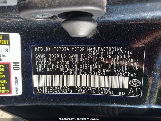2014 TOYOTA COROLLA L/LE/S/S PLUS/LE PLUS VIN: 2T1BURHE3EC204354