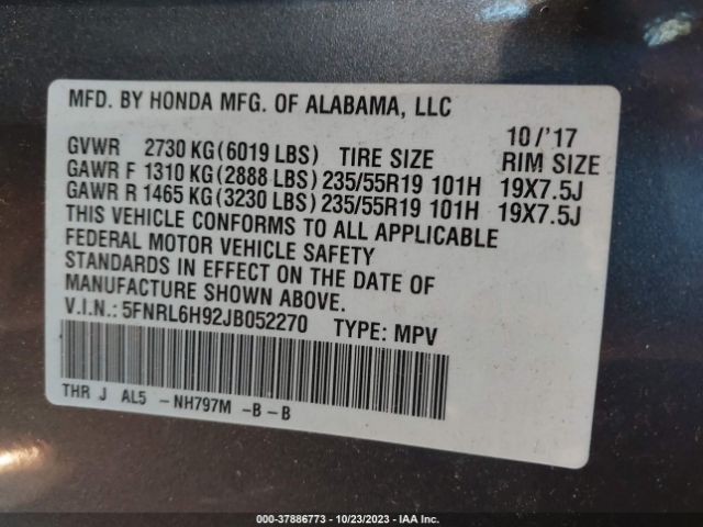 5FNRL6H92JB052270 Honda Odyssey Elite