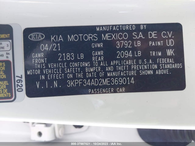 2021 KIA FORTE GT LINE VIN: 3KPF34AD2ME369014