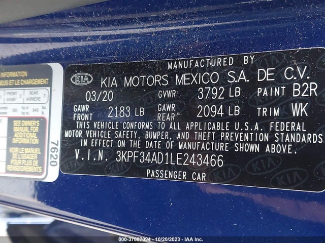 2020 KIA FORTE GT LINE VIN: 3KPF34AD1LE243466