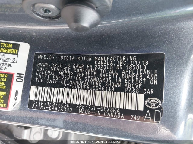 2018 TOYOTA COROLLA LE VIN: 2T1BURHE8JC046149