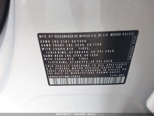 3VVCB7AX7NM115843 Volkswagen Tiguan Se R-line Black