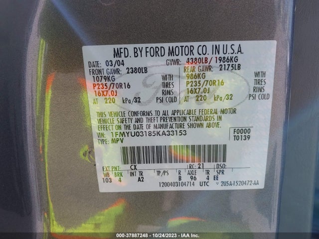 2005 FORD ESCAPE XLT VIN: 1FMYU03185KA33153