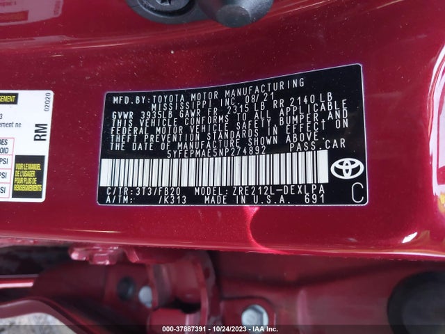 Toyota COROLLA LE 2022 5YFEPMAE5NP274892 Image 9
