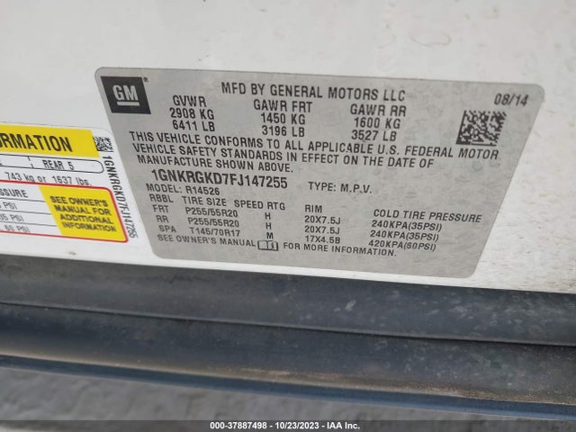 Chevrolet Traverse Lt 2015 1GNKRGKD7FJ147255 Image 9