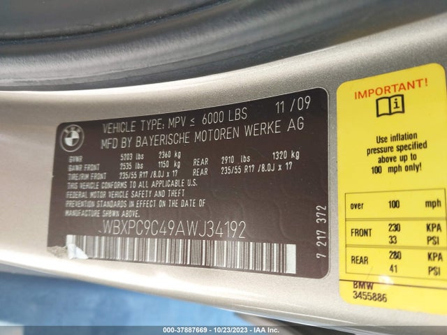 2010 BMW X3 XDRIVE30I VIN: WBXPC9C49AWJ34192