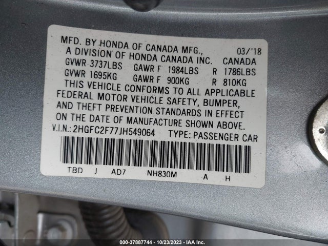 Honda CIVIC EX 2018 2HGFC2F77JH549064 Image 9