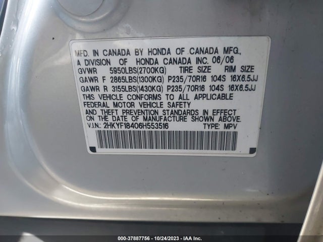 2006 HONDA PILOT EX VIN: 2HKYF18406H553516