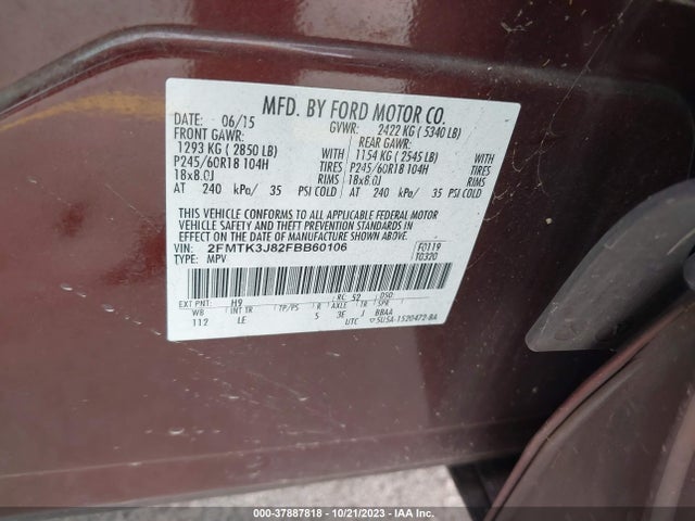 2015 FORD EDGE SEL VIN: 2FMTK3J82FBB60106
