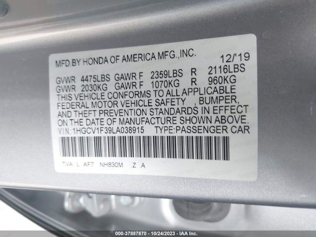 2020 HONDA ACCORD SPORT VIN: 1HGCV1F39LA038915
