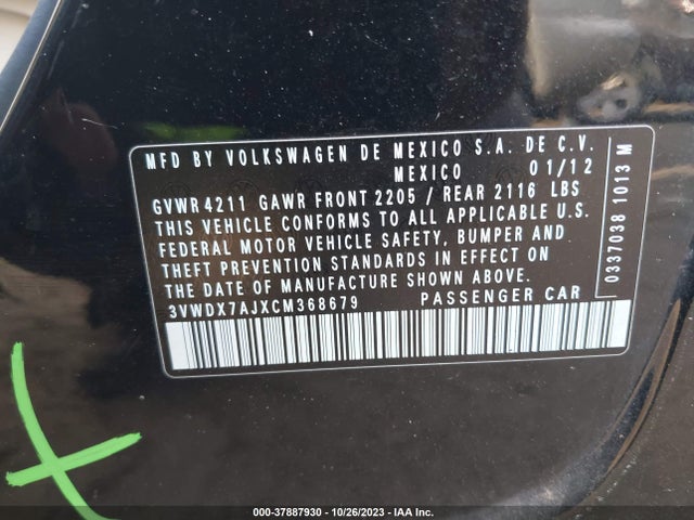 2012 VOLKSWAGEN JETTA 2.5L SE VIN: 3VWDX7AJXCM368679