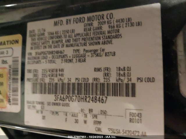 3FA6P0G70HR248467 Ford FUSION S