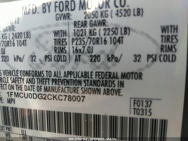 2012 FORD ESCAPE XLT VIN: 1FMCU0DG2CKC78007