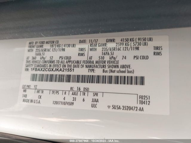 1FBAX2CGXJKA21551 Ford Transit Passenger Wagon Xl/xlt