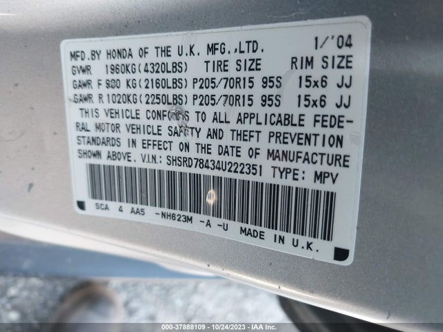 2004 HONDA CR-V LX VIN: SHSRD78434U222351