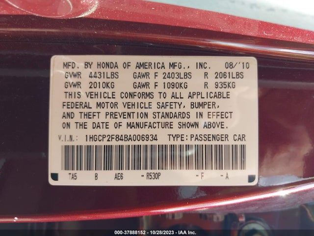 2011 HONDA ACCORD SDN EX-L VIN: 1HGCP2F84BA006934